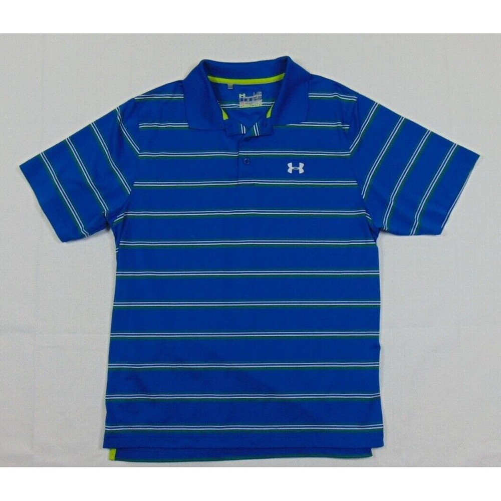 Under Armour Polo Golf Shirt Mens Size Large Blue Green Striped White LOGO L